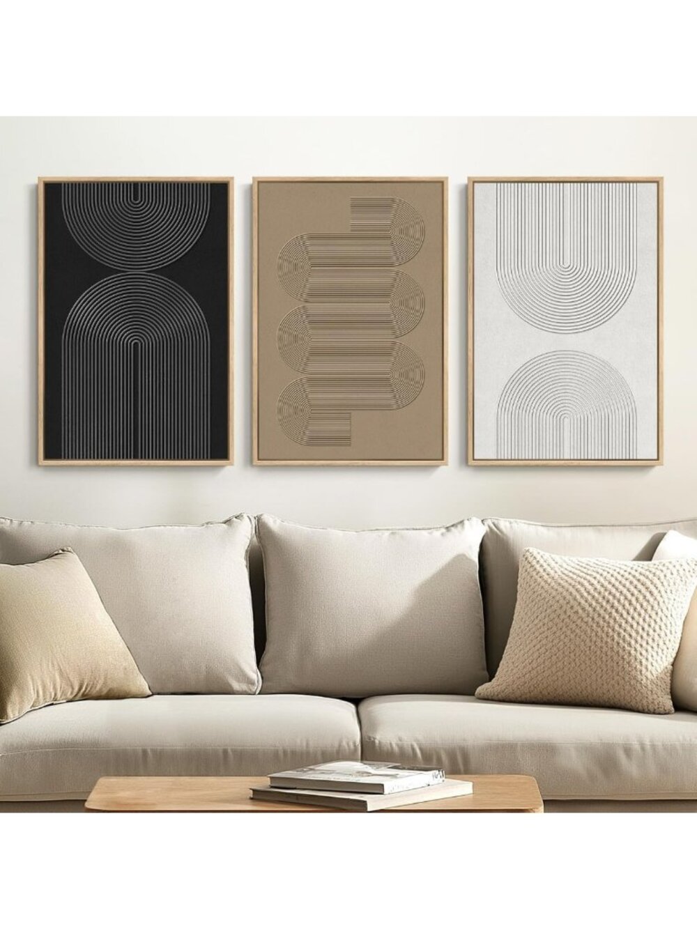 Set of 3 Framed Black & White Abstract Canvas Prints - Neutral Wall Art Decor